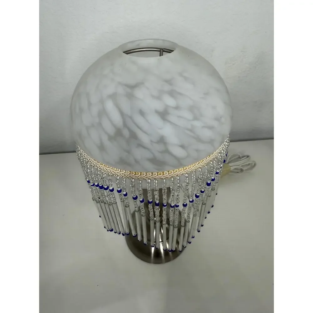 Boudoir Accent Lamp, Frosted Glass Globe Shade, Cobalt Blue Bead Fringe